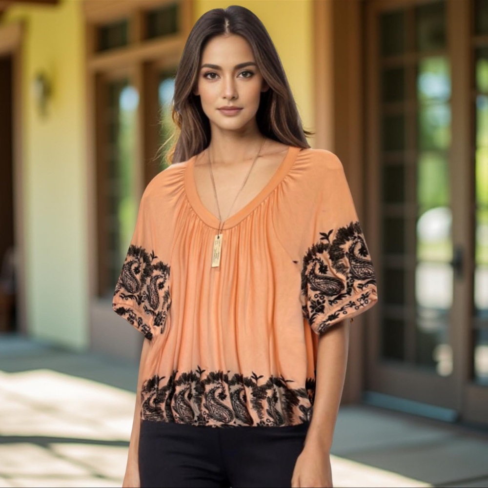 Cupio Peach Black Embroidered Relaxed Blouse